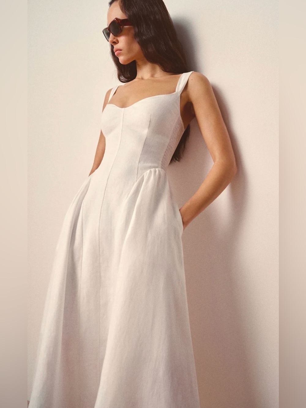 Reformation Cream Midi Birdie Linen Dress
